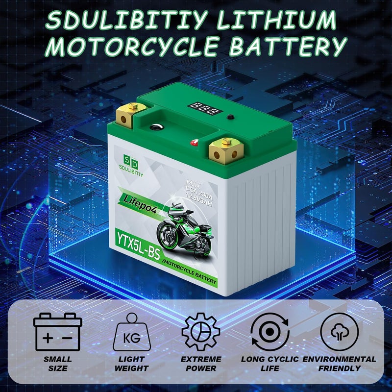 SDULIBITIY بطارية دراجة نارية ليثيوم LiFePO4 YTX5L-BS 12.8V 3Ah 230CCA عالية الأداء للرياضات القوية، متوافقة مع ATV، UTV، 4 عجلات، سكوتر، PWC، Seadoo، Polaris وبطارية مولد. - Image 4